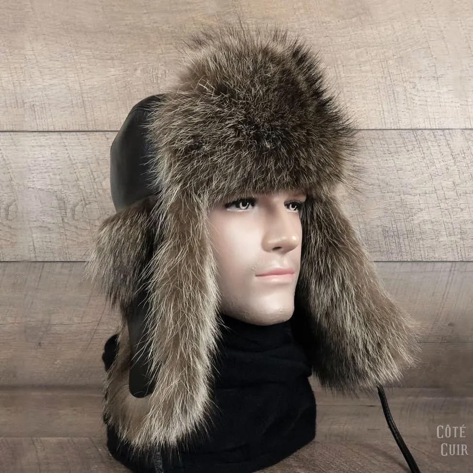 Raccoon Fur Trapper Hat, Black Leather