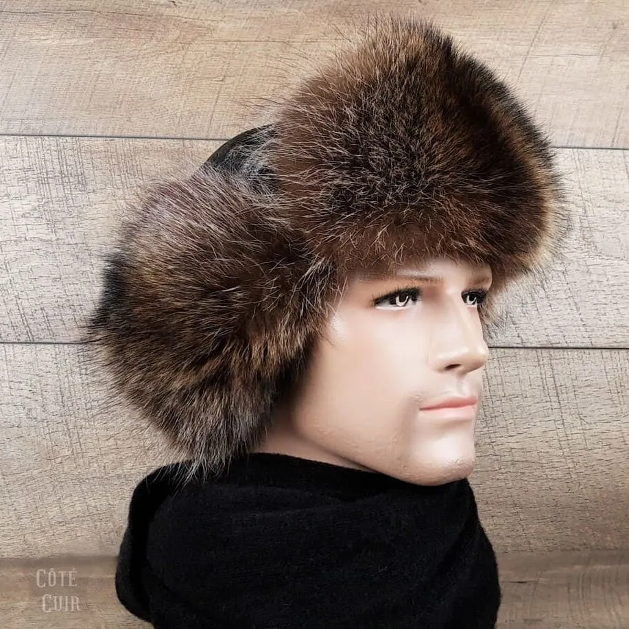 Raccoon Fur Trapper Hat, Black Leather