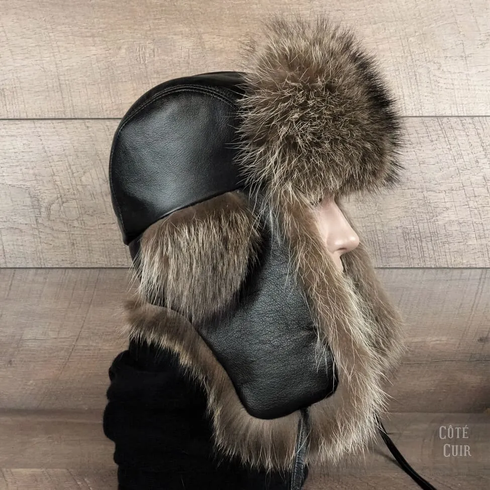 Raccoon Fur Trapper Hat, Black Leather