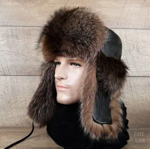 Raccoon Fur Trapper Hat, Black Leather