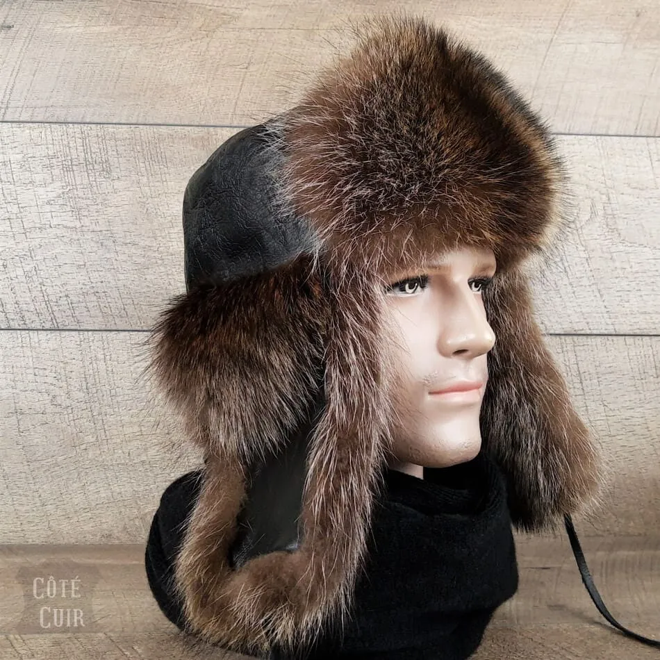 Raccoon Fur Trapper Hat, Black Leather