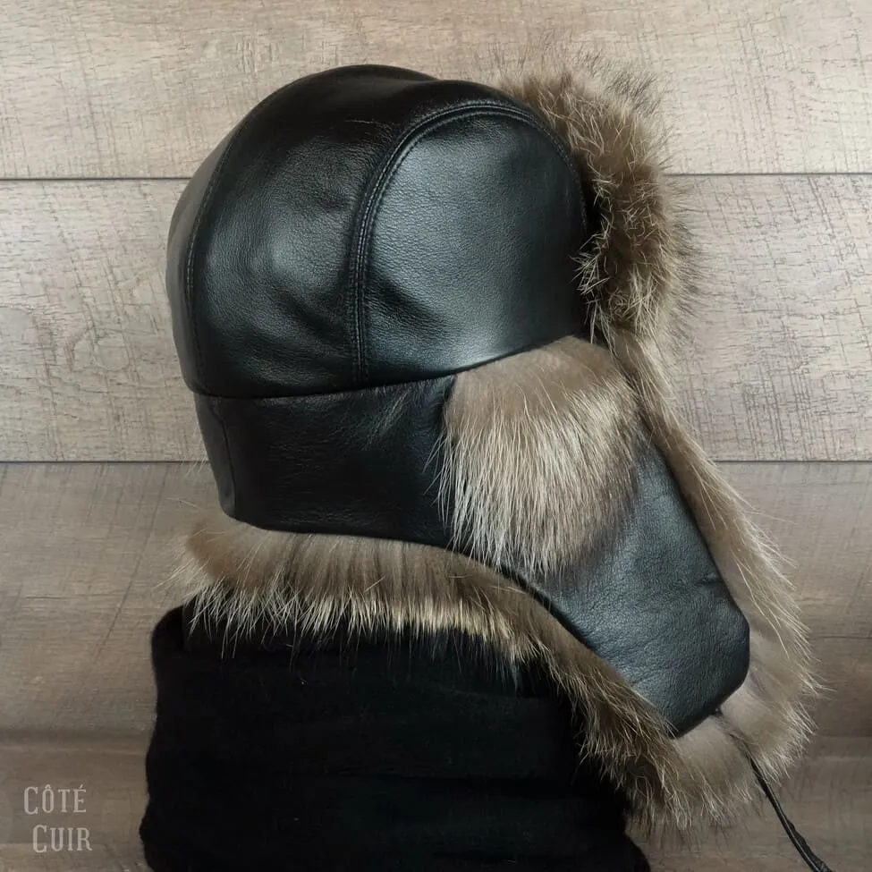 Raccoon Fur Trapper Hat, Black Leather