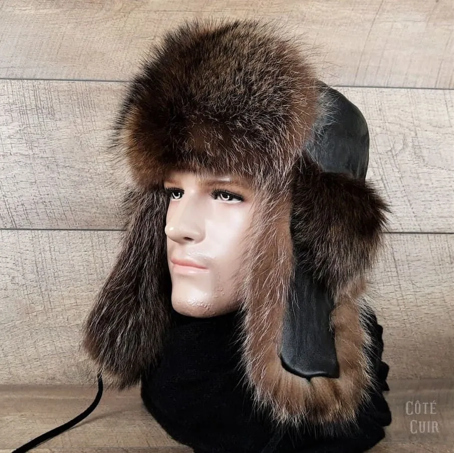 Raccoon Fur Trapper Hat, Black Leather