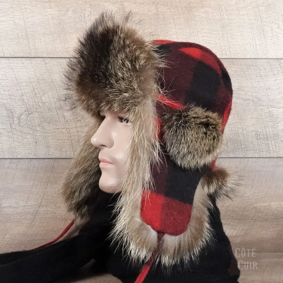 Raccoon Fur Trapper Hat, Red and Black Check Beaver Hairs Felt