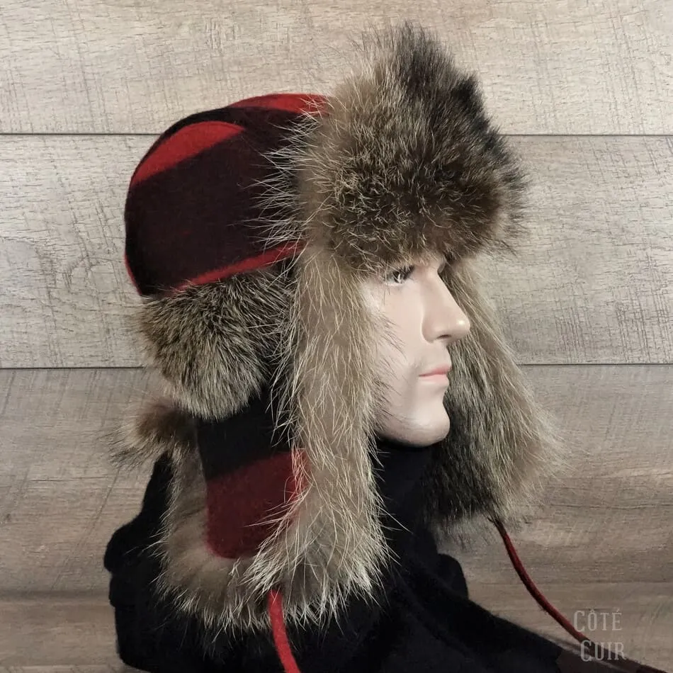 Raccoon Fur Trapper Hat, Red and Black Check Beaver Hairs Felt