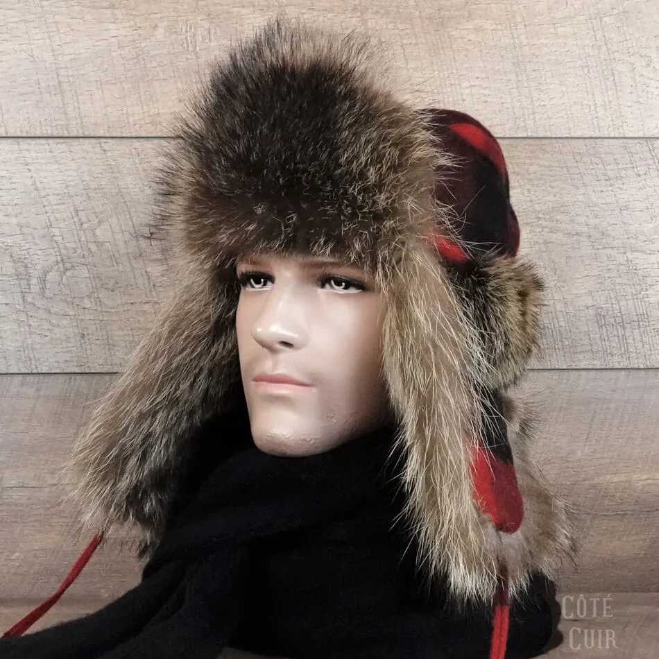 Raccoon Fur Trapper Hat, Red and Black Check Beaver Hairs Felt