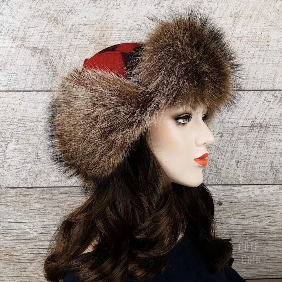 Raccoon Fur Trapper Hat, Red and Black Check Beaver Hairs Felt