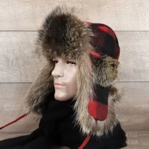 Raccoon Fur Trapper Hat, Red and Black Check Beaver Hairs Felt