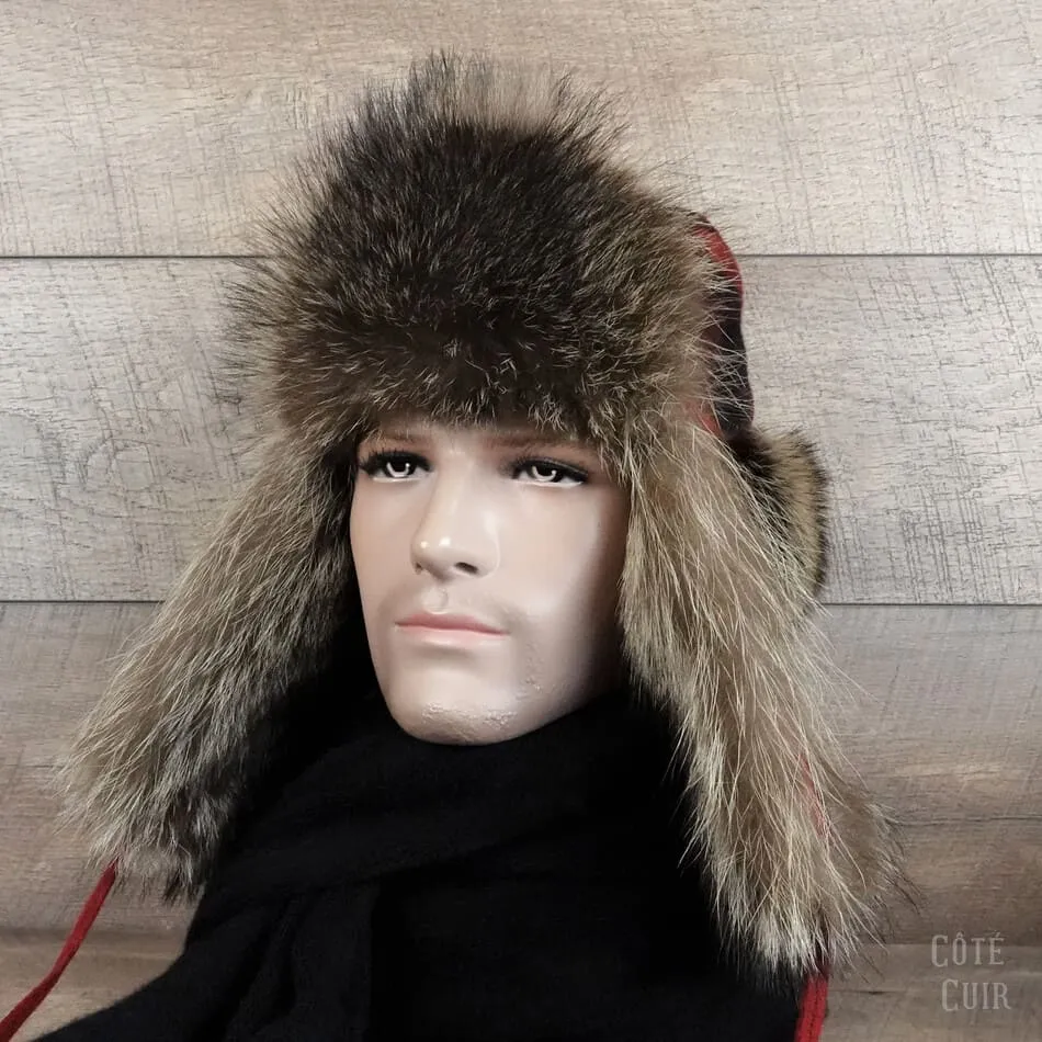 Raccoon Fur Trapper Hat, Red and Black Check Beaver Hairs Felt