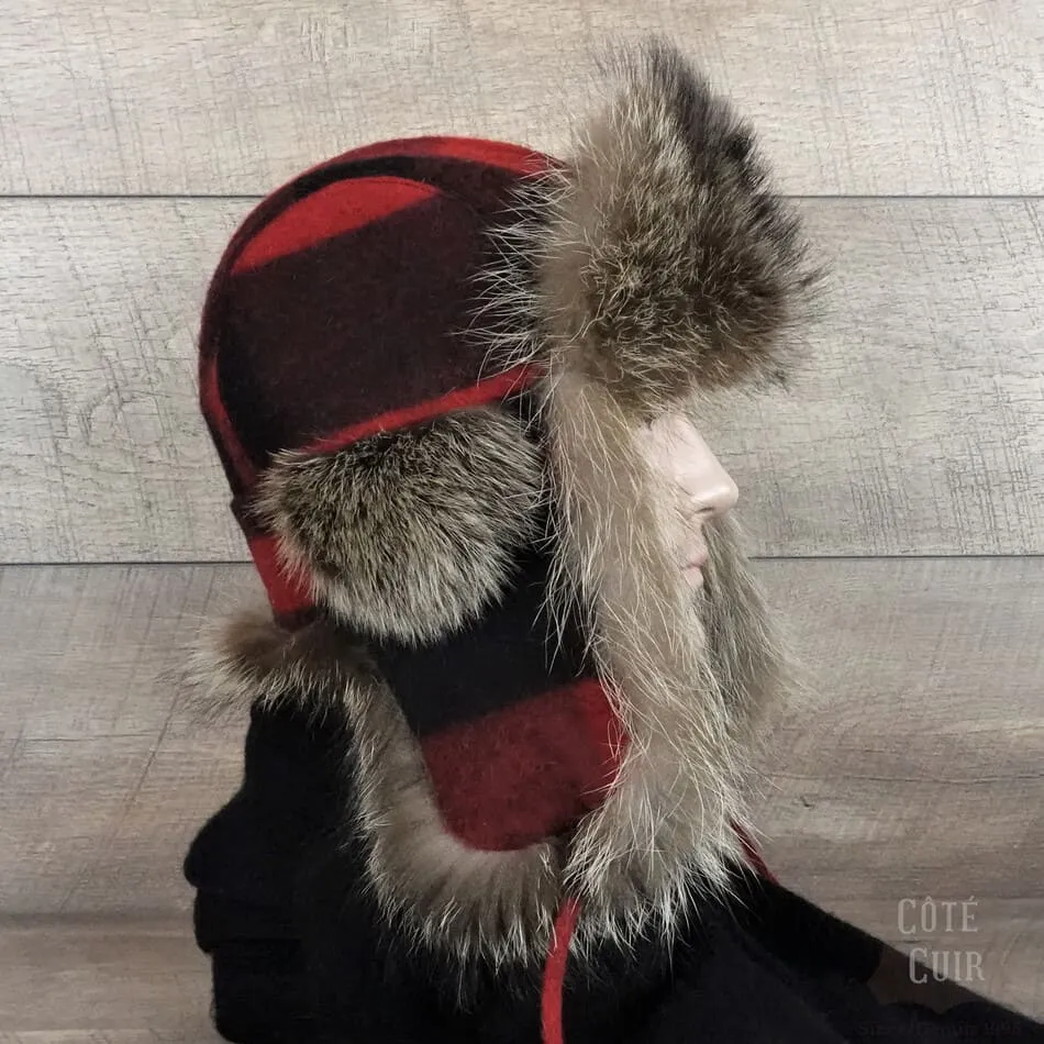 Raccoon Fur Trapper Hat, Red and Black Check Beaver Hairs Felt