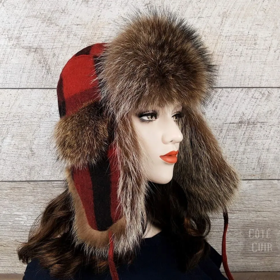 Raccoon Fur Trapper Hat, Red and Black Check Felt