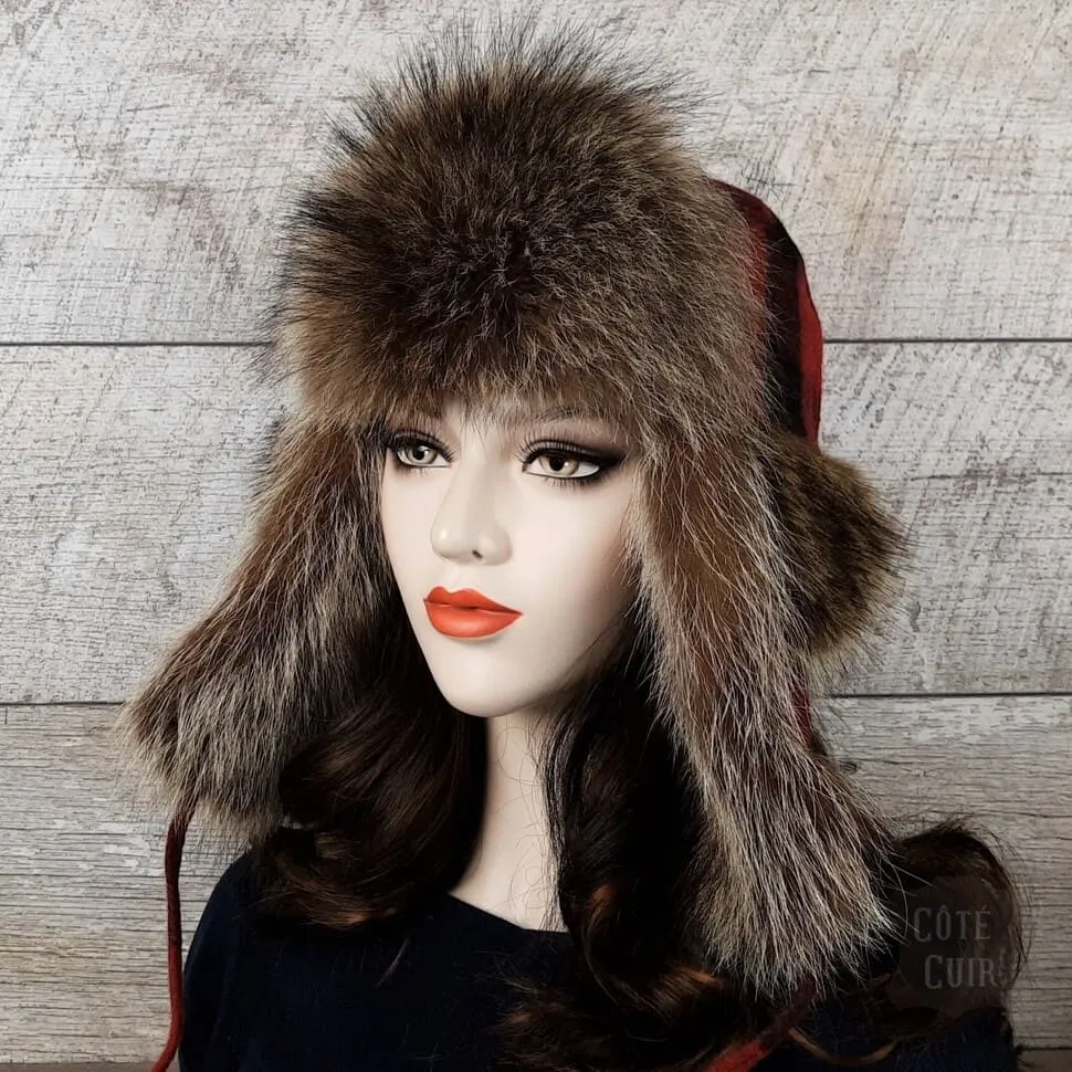 Raccoon Fur Trapper Hat, Red and Black Check Felt