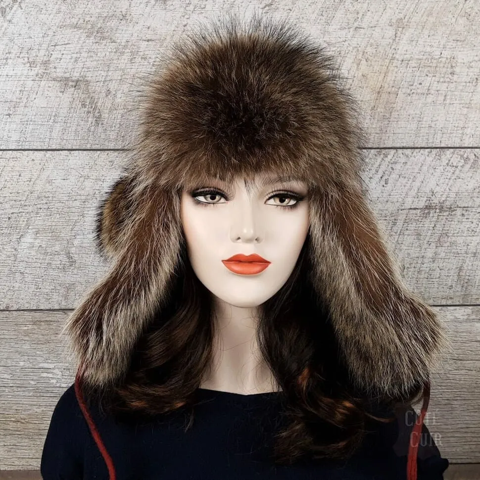 Raccoon Fur Trapper Hat, Red and Black Check Felt