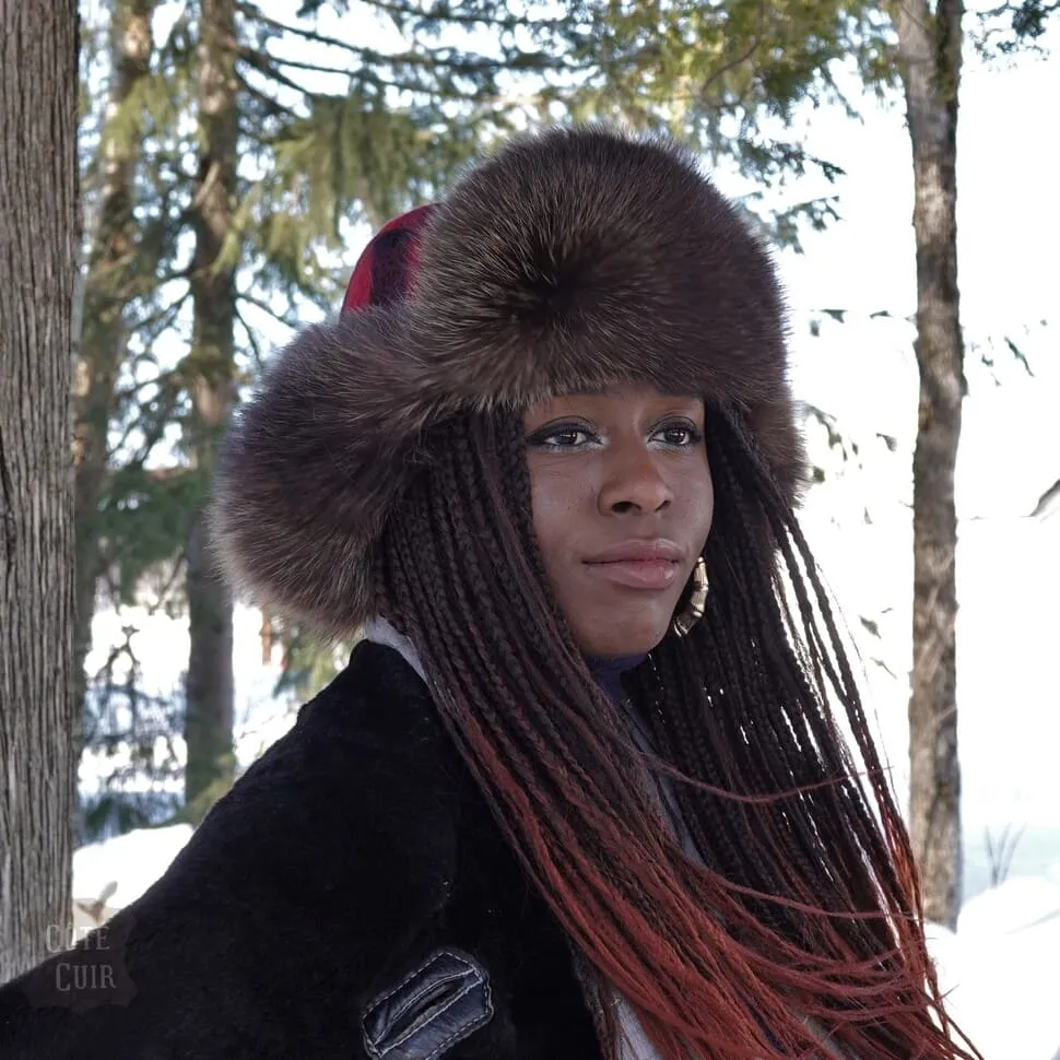 Raccoon Fur Trapper Hat, Red and Black Check Felt