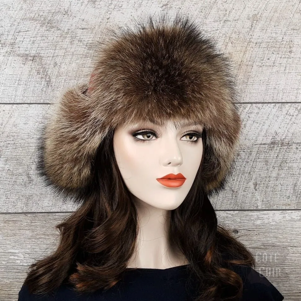 Raccoon Fur Trapper Hat, Red and Black Check Felt