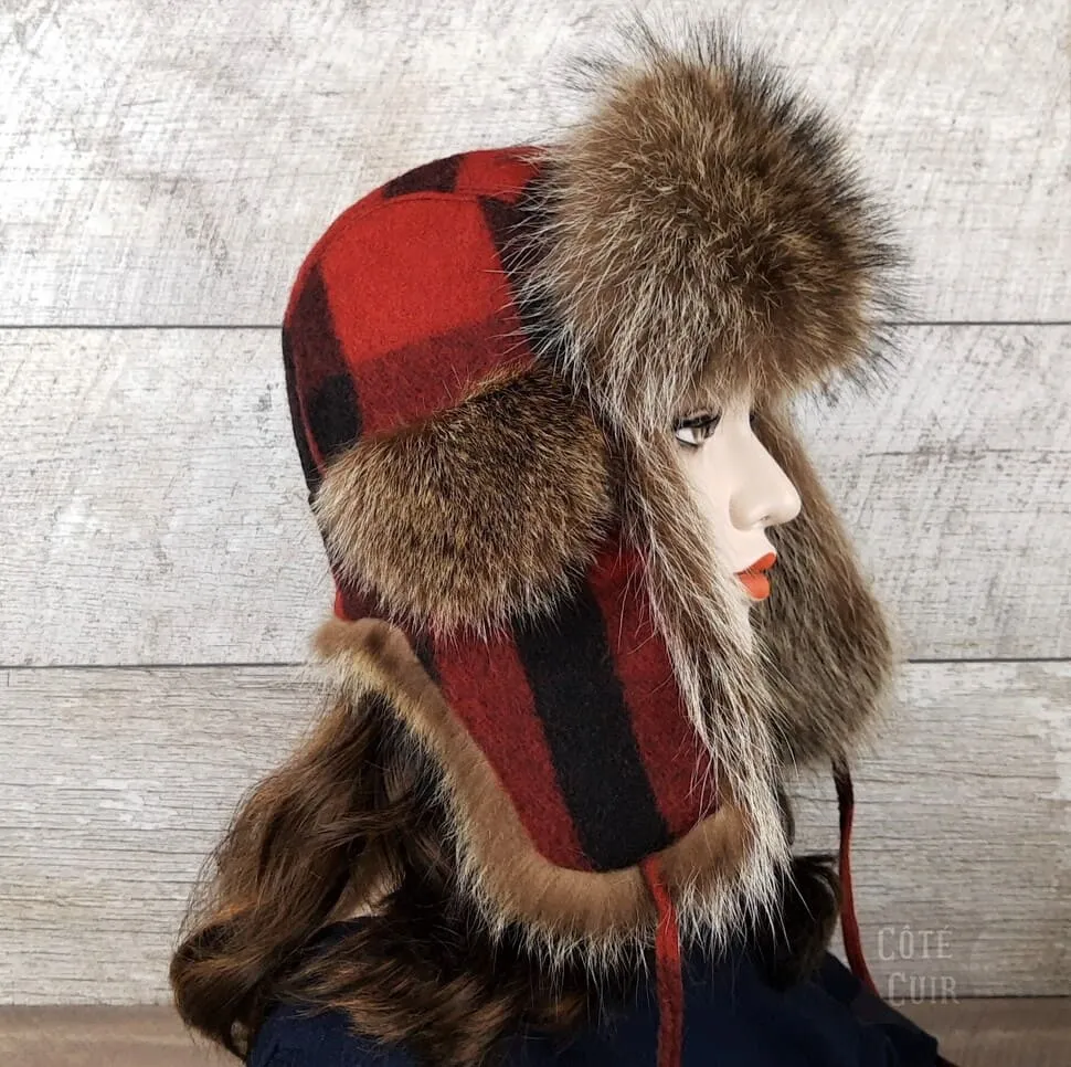 Raccoon Fur Trapper Hat, Red and Black Check Felt