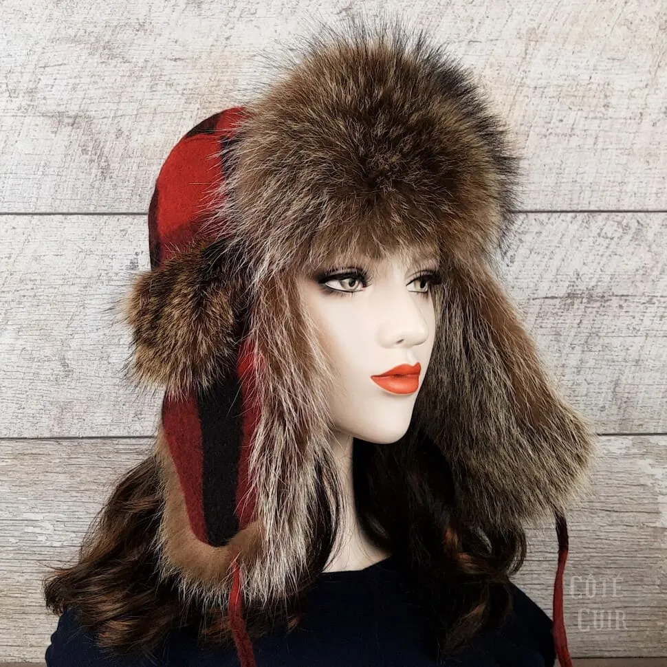 Raccoon Fur Trapper Hat, Red and Black Check Felt