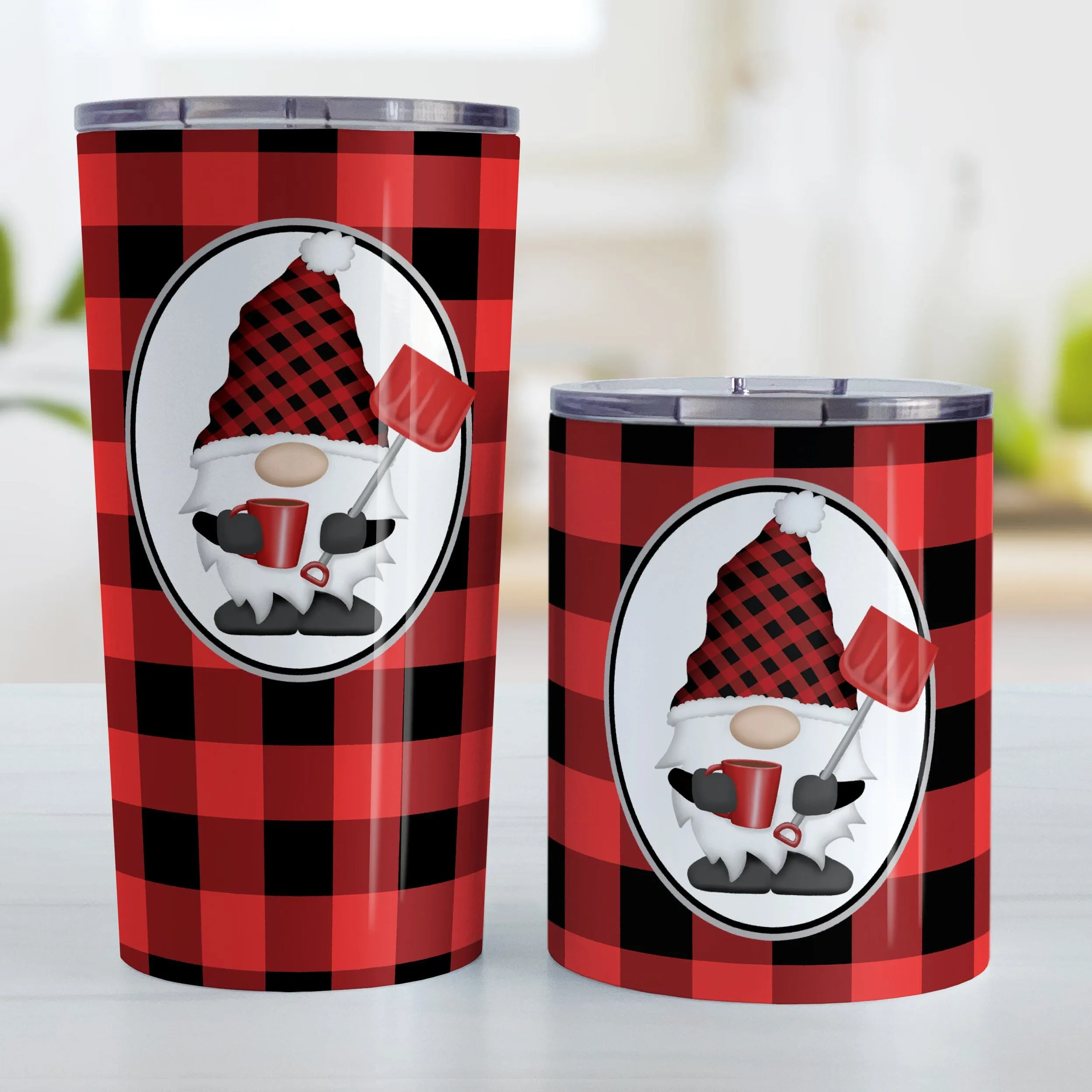 Red Gnome Buffalo Plaid Tumbler Cup