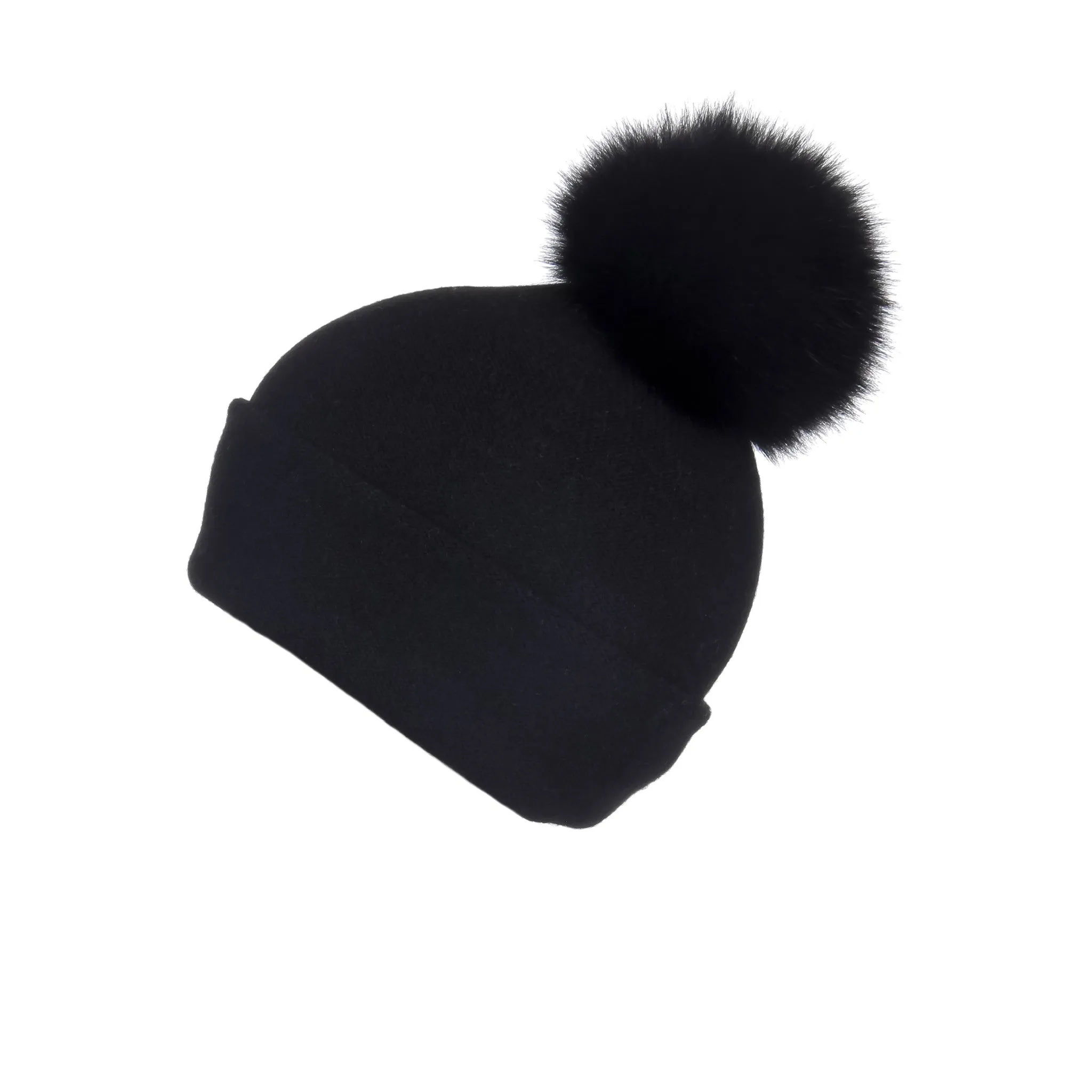 Reversible Slouchy Black Cashmere Hat with Black Pom-Pom