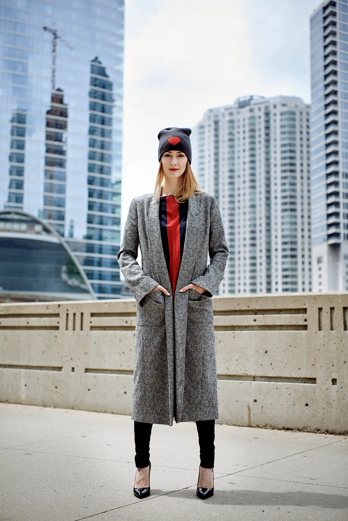 Reversible Slouchy Black Cashmere Hat with Red Heart and Black Pom-Pom