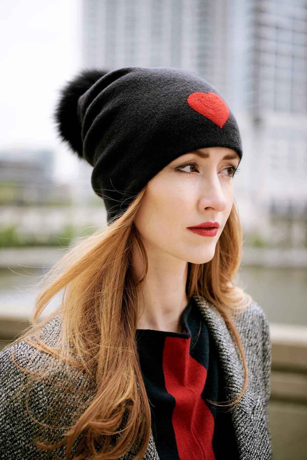 Reversible Slouchy Black Cashmere Hat with Red Heart and Black Pom-Pom