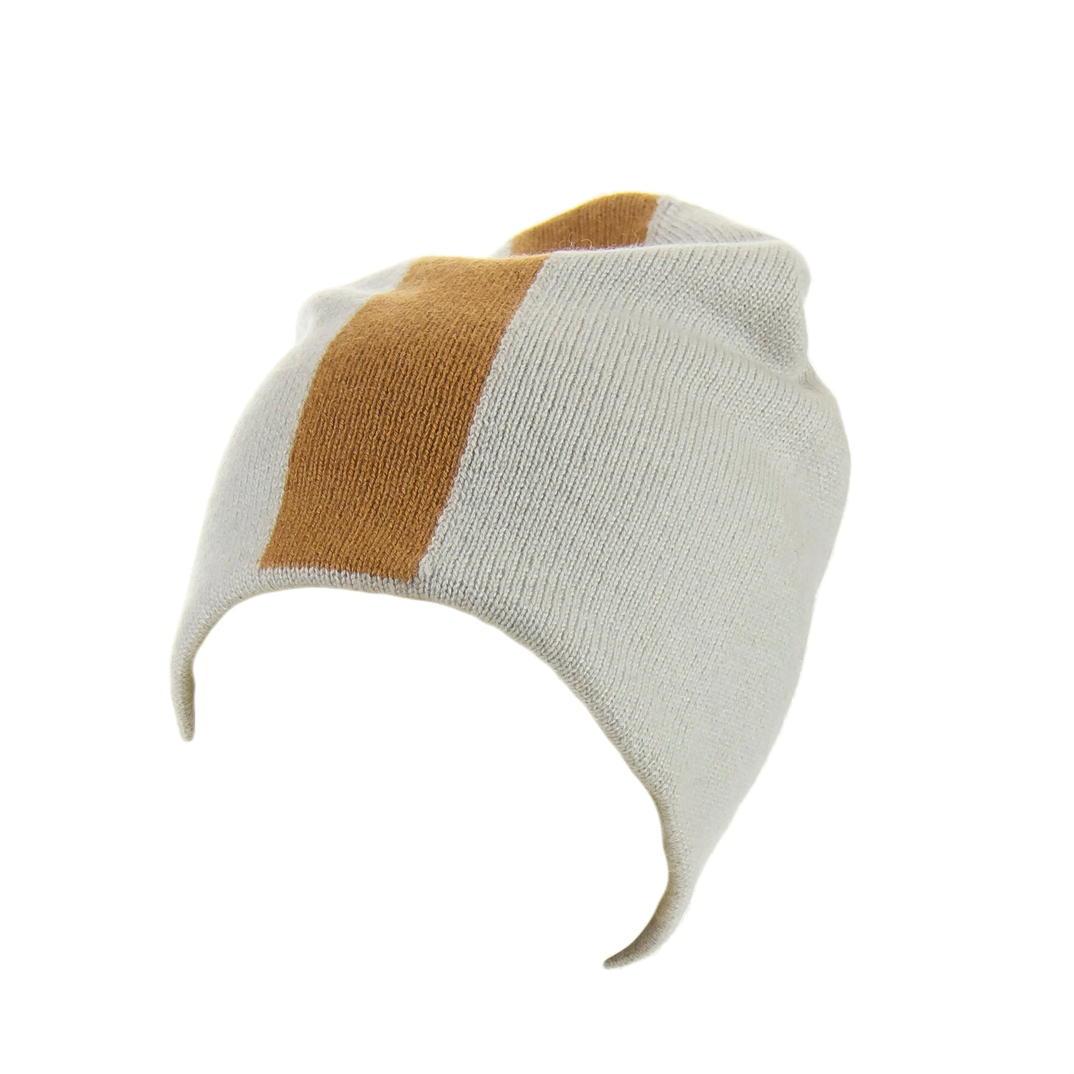 Reversible Slouchy Grey & Caramel Striped Cashmere Hat