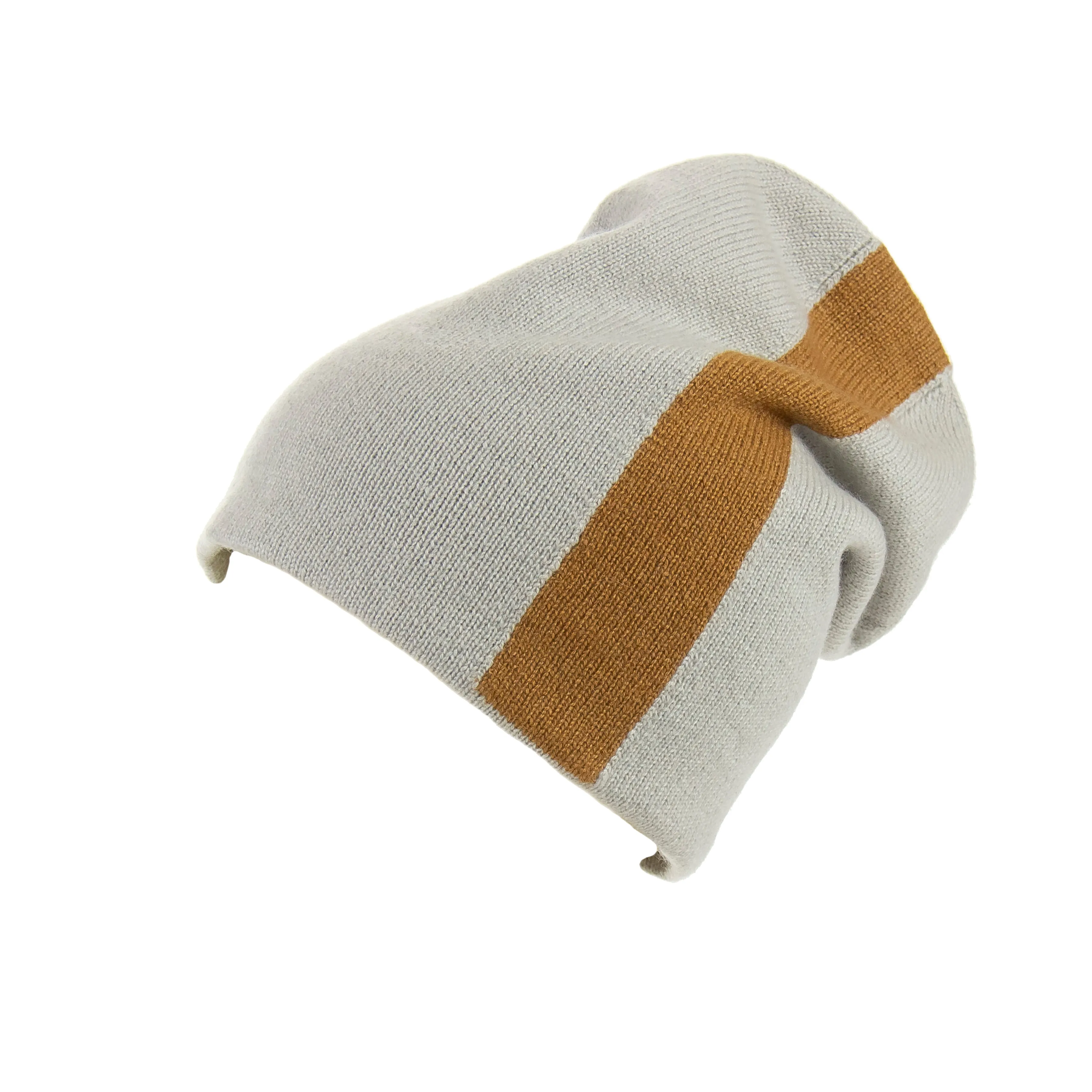 Reversible Slouchy Grey & Caramel Striped Cashmere Hat