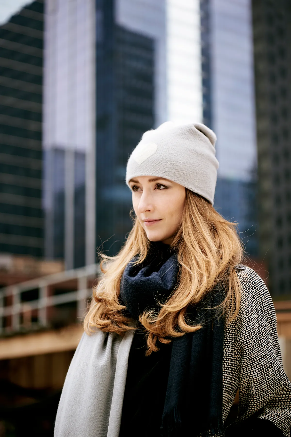 Reversible Slouchy Light Grey Cashmere Hat with White Heart and Seafoam Pom-Pom