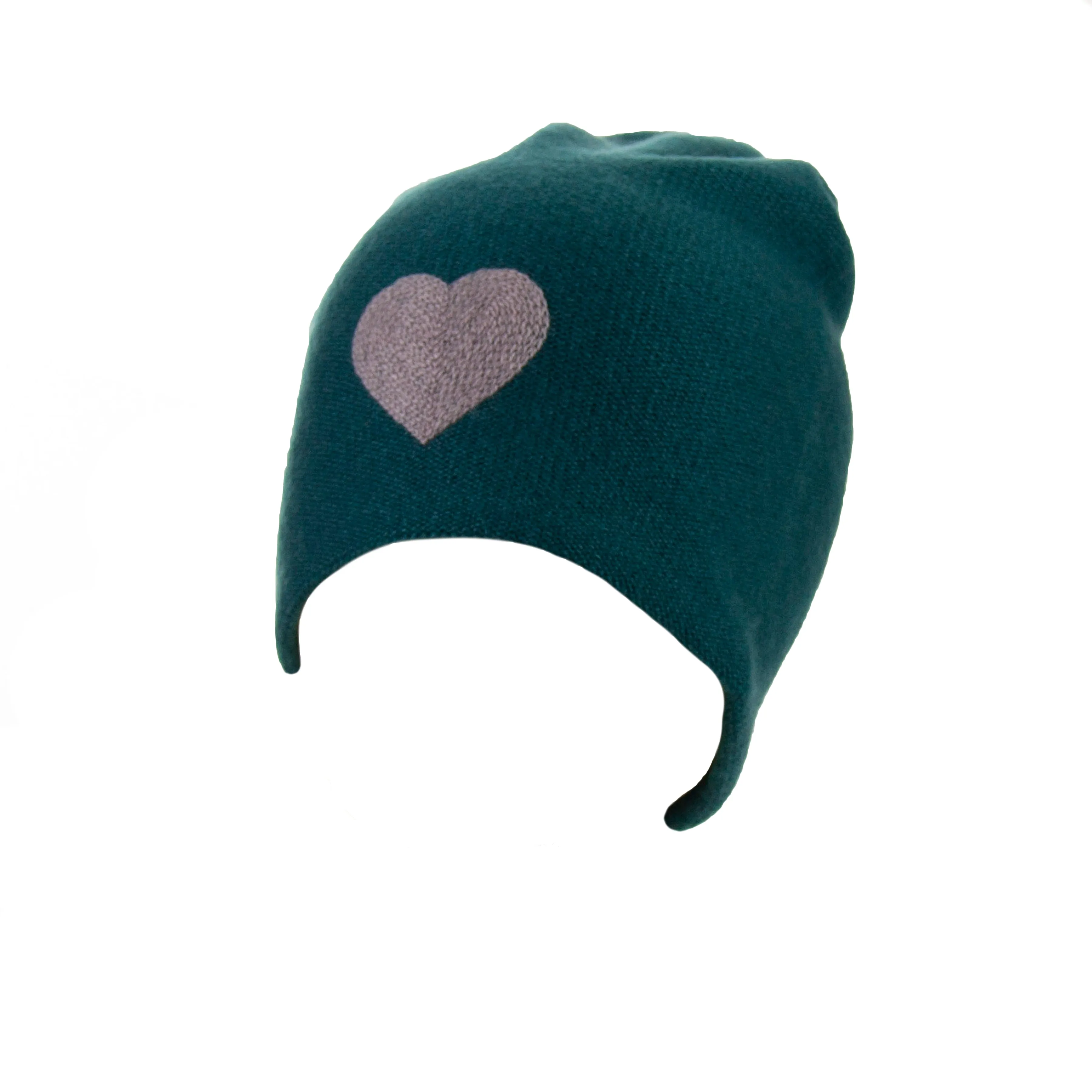 Reversible Slouchy Teal Cashmere Hat with Lilac Heart and Rainbow Pom