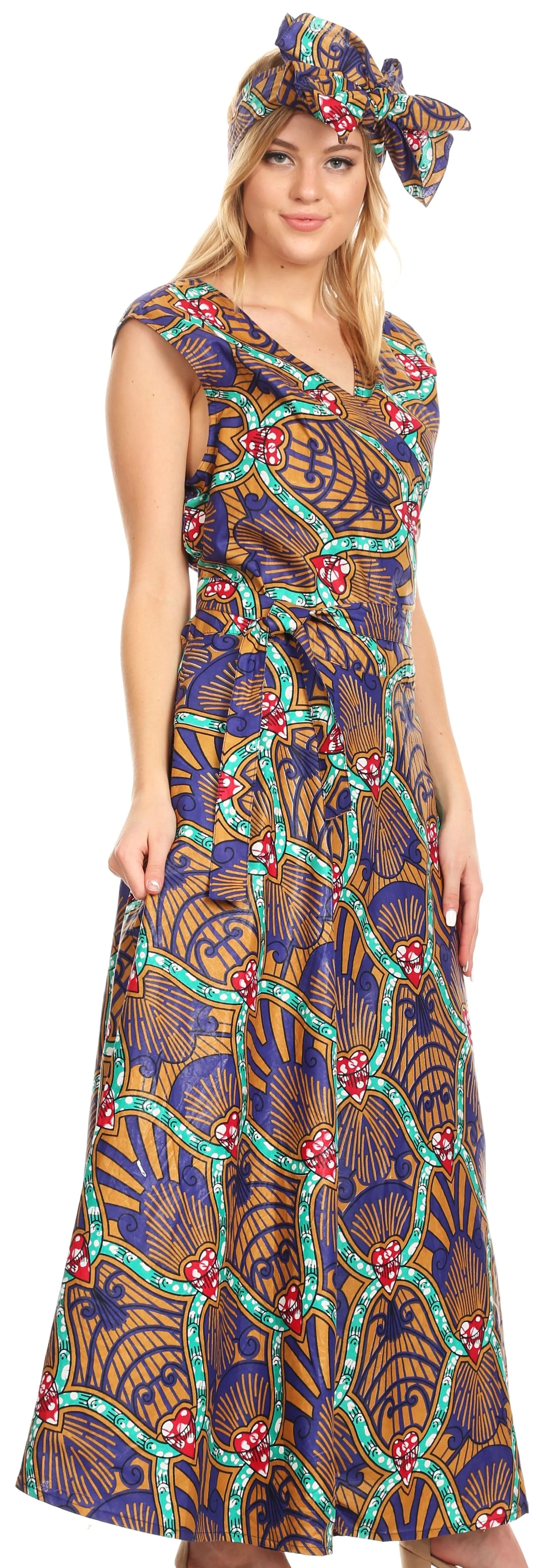 Sakkas Daliah Colorful Wax African Ankara Dutch Sleeveless Long Wrap Around Dress