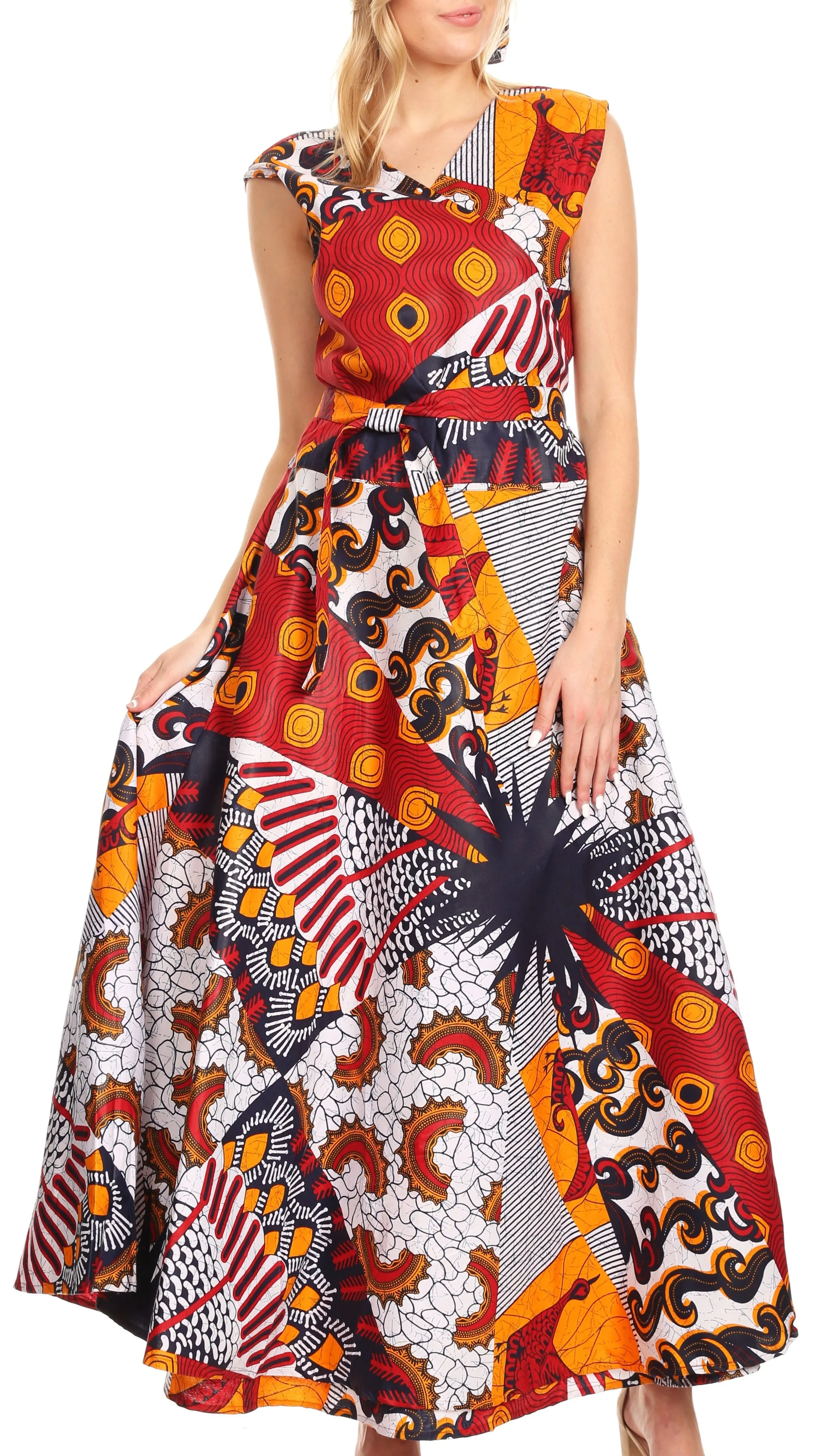 Sakkas Daliah Colorful Wax African Ankara Dutch Sleeveless Long Wrap Around Dress