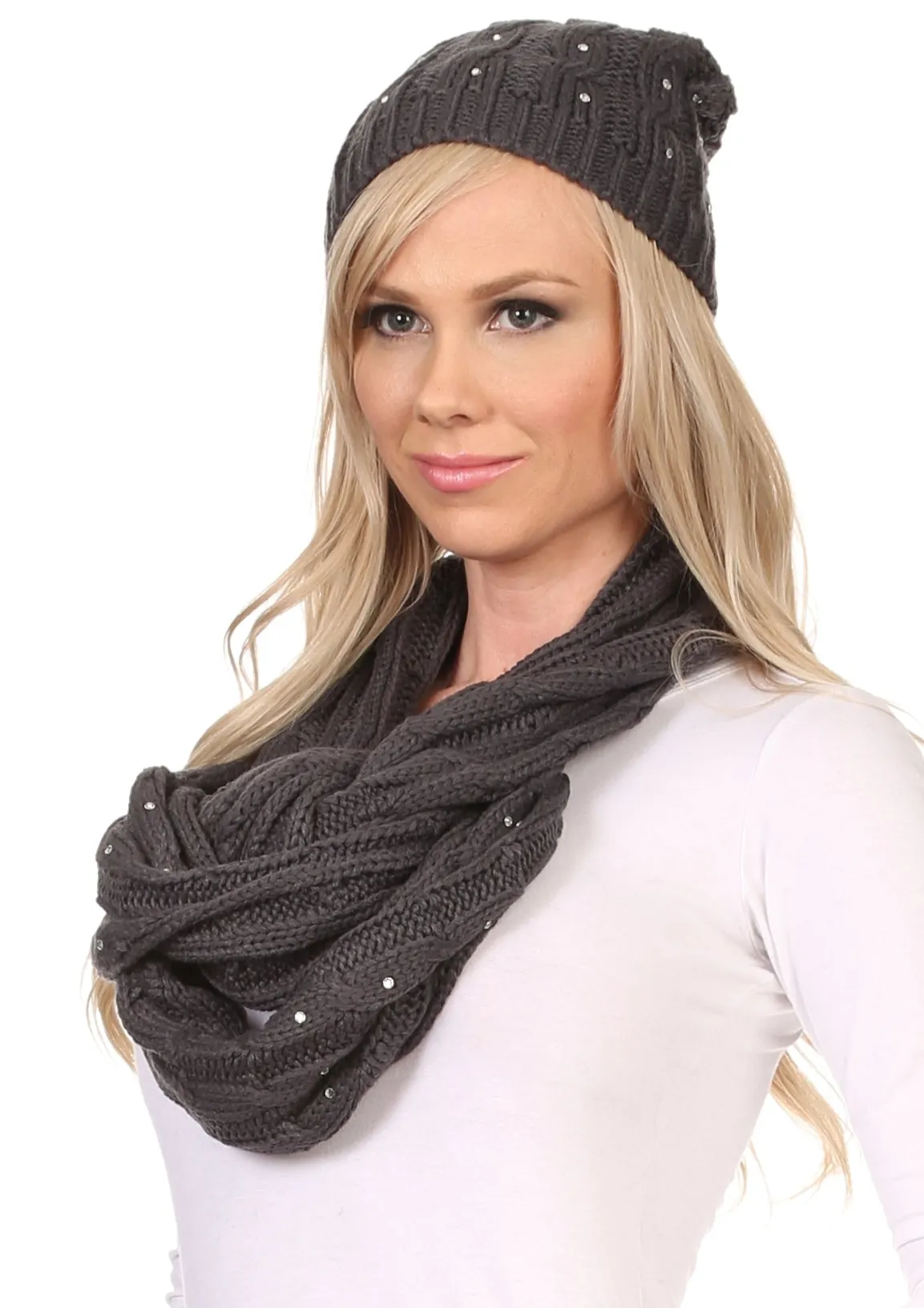 Sakkas Kae Jewel Studded Cable Knit Beanie Hat And Scarf Set