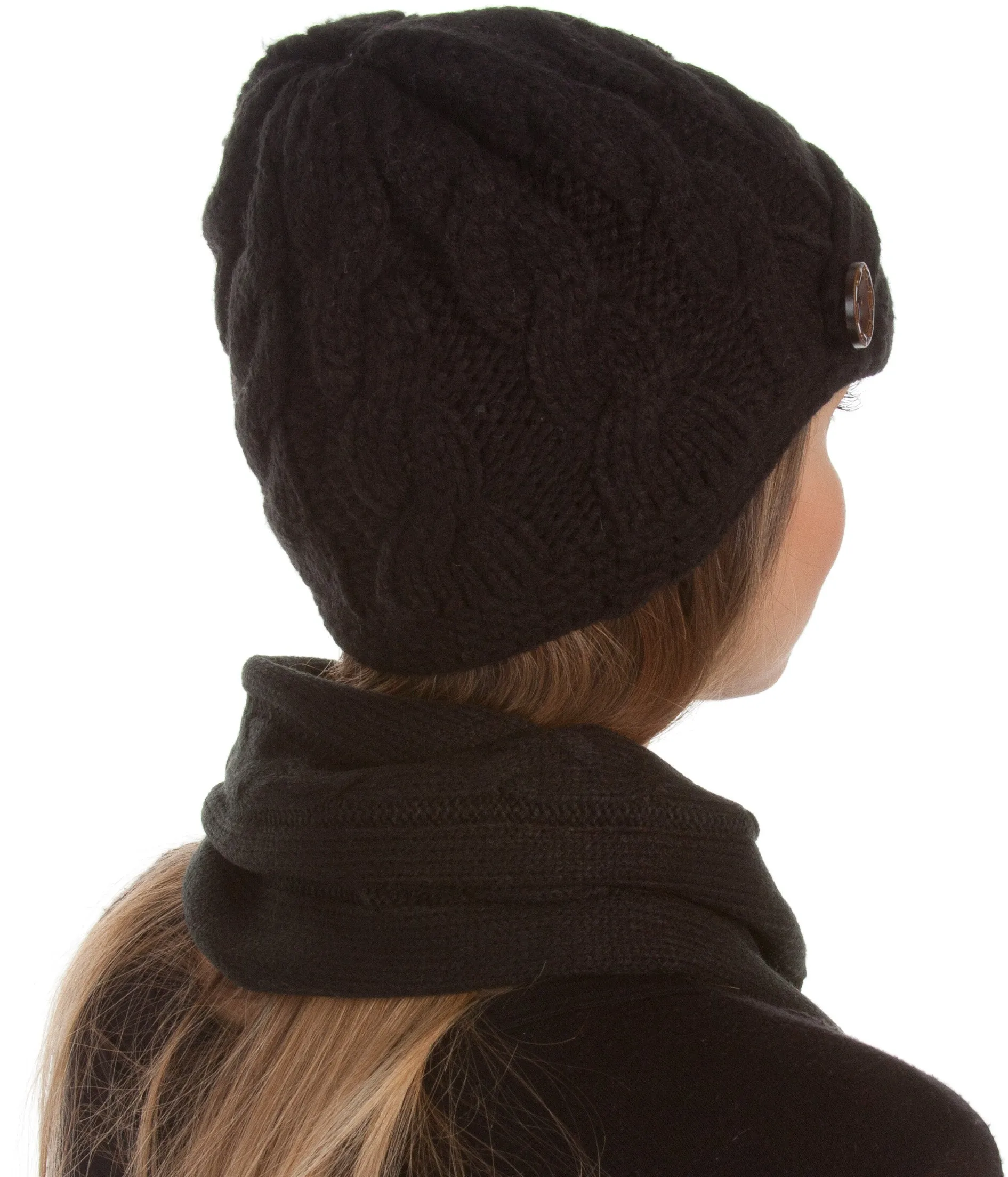 Sakkas Womens 2-piece Cable Knitted Visor Beanie Scarf and Hat Set with Button