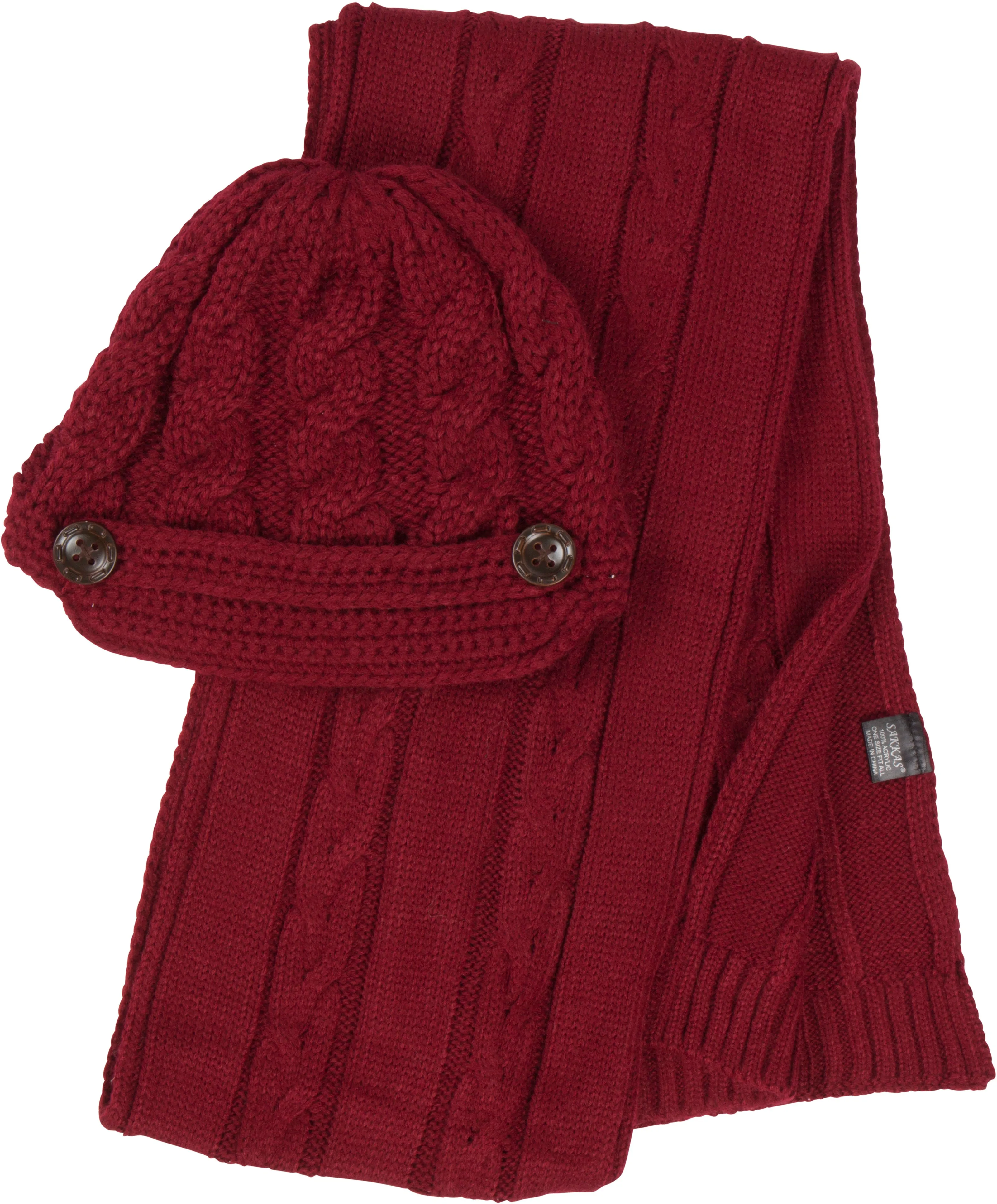 Sakkas Womens 2-piece Cable Knitted Visor Beanie Scarf and Hat Set with Button