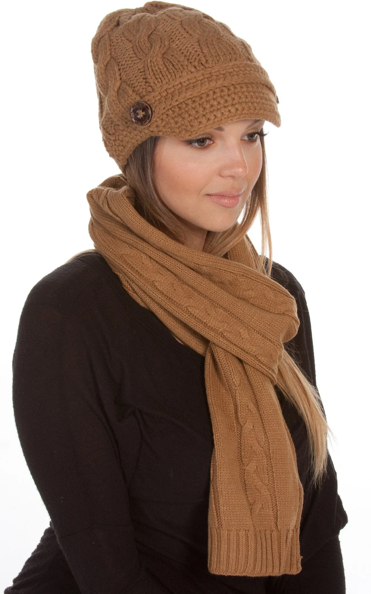 Sakkas Womens 2-piece Cable Knitted Visor Beanie Scarf and Hat Set with Button