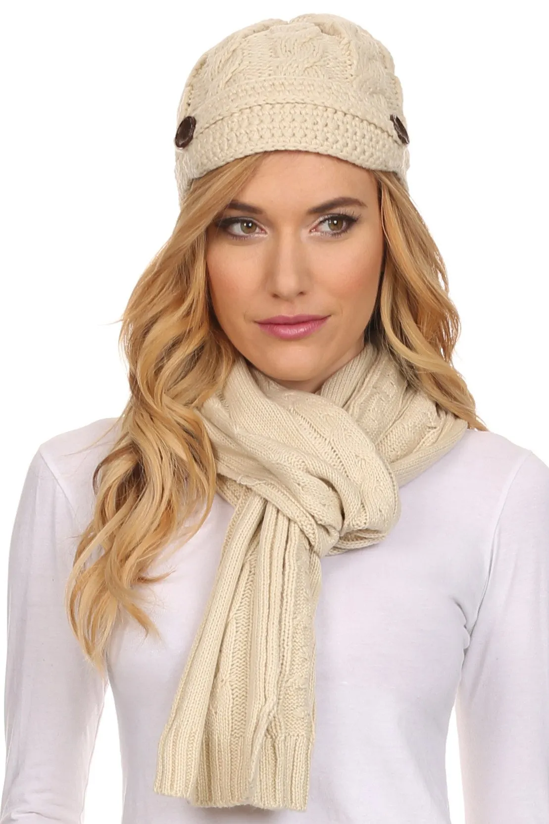 Sakkas Womens 2-piece Cable Knitted Visor Beanie Scarf and Hat Set with Button