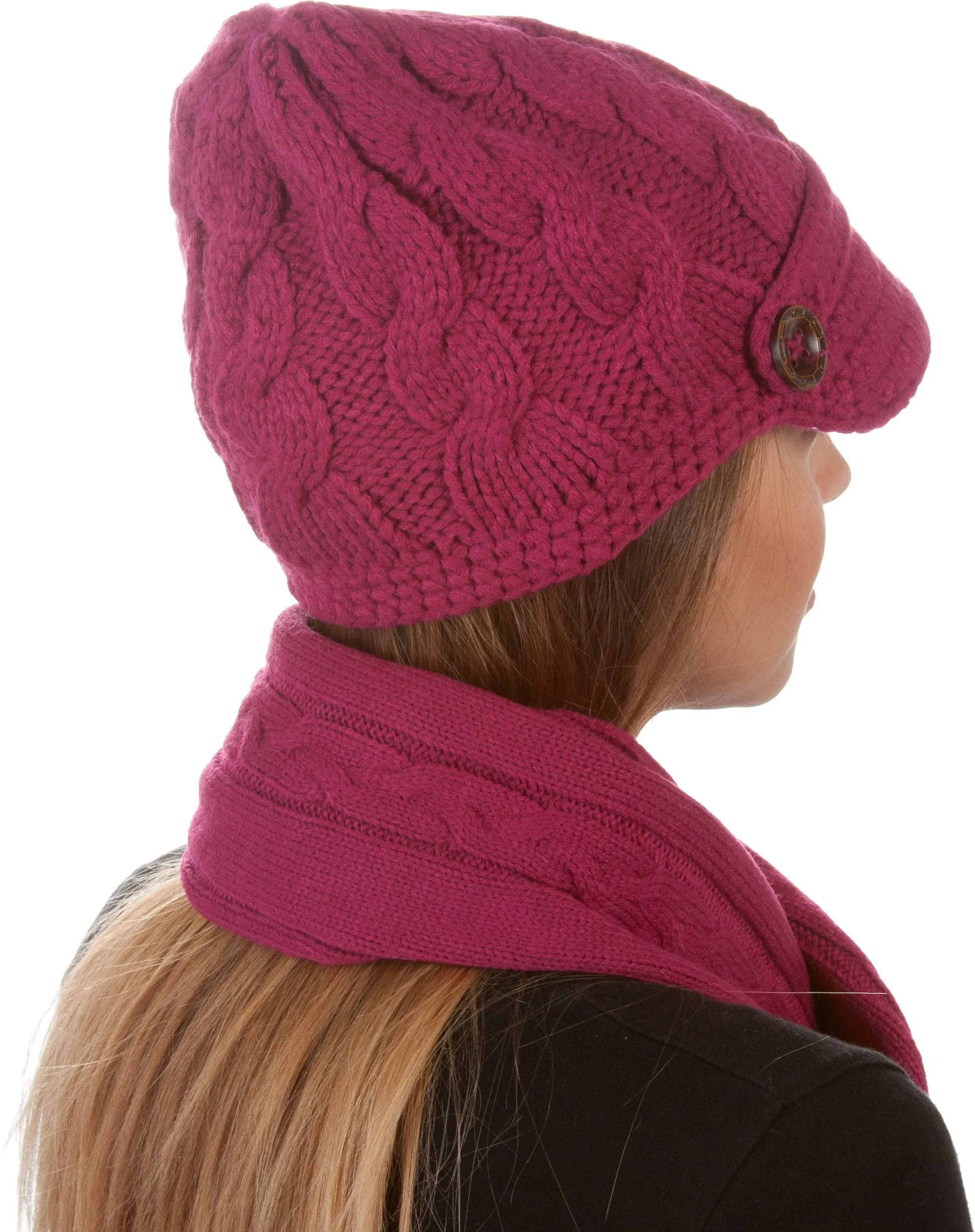 Sakkas Womens 2-piece Cable Knitted Visor Beanie Scarf and Hat Set with Button