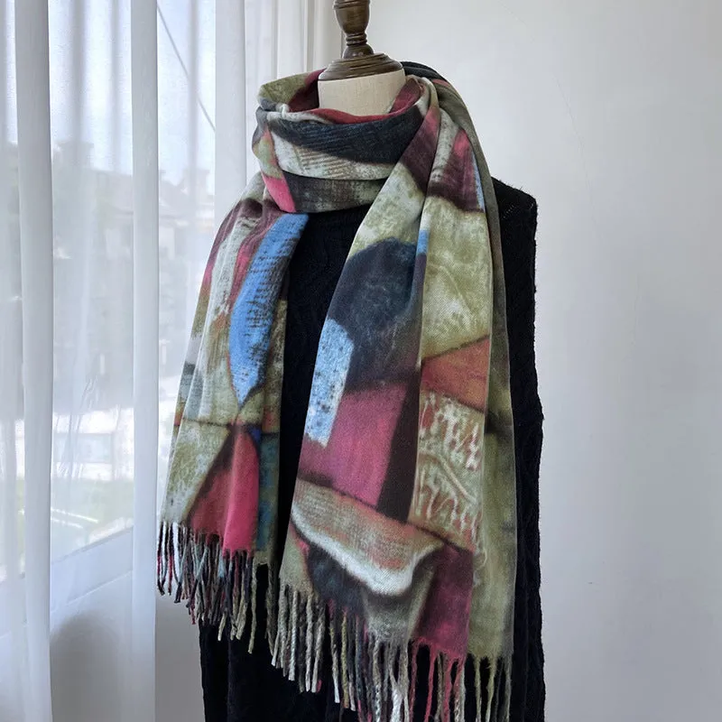 Scarf women's printed tassel shawl mid-length thickened imitation cashmere warm scarf