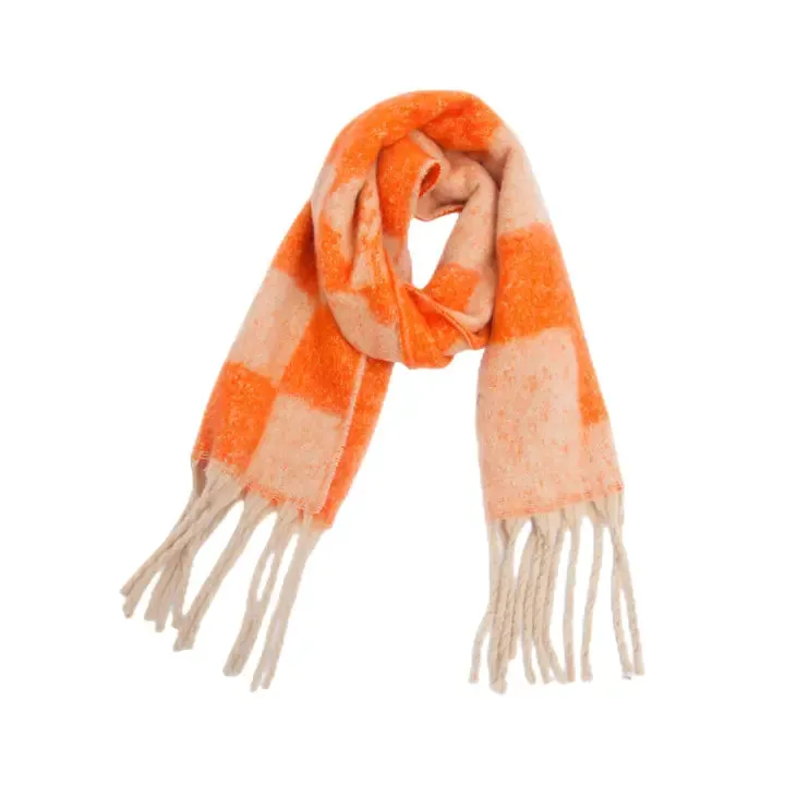 Soft Chunky Floral Checkered Fleece Scarf with Tassel