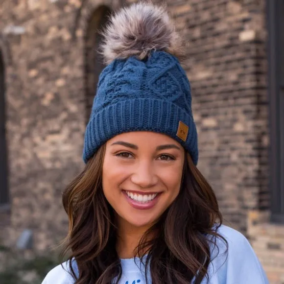 Steel Blue Cable Knit Beanie Hat w/ Faux Fur Pompom Casual Winter Womens One Size