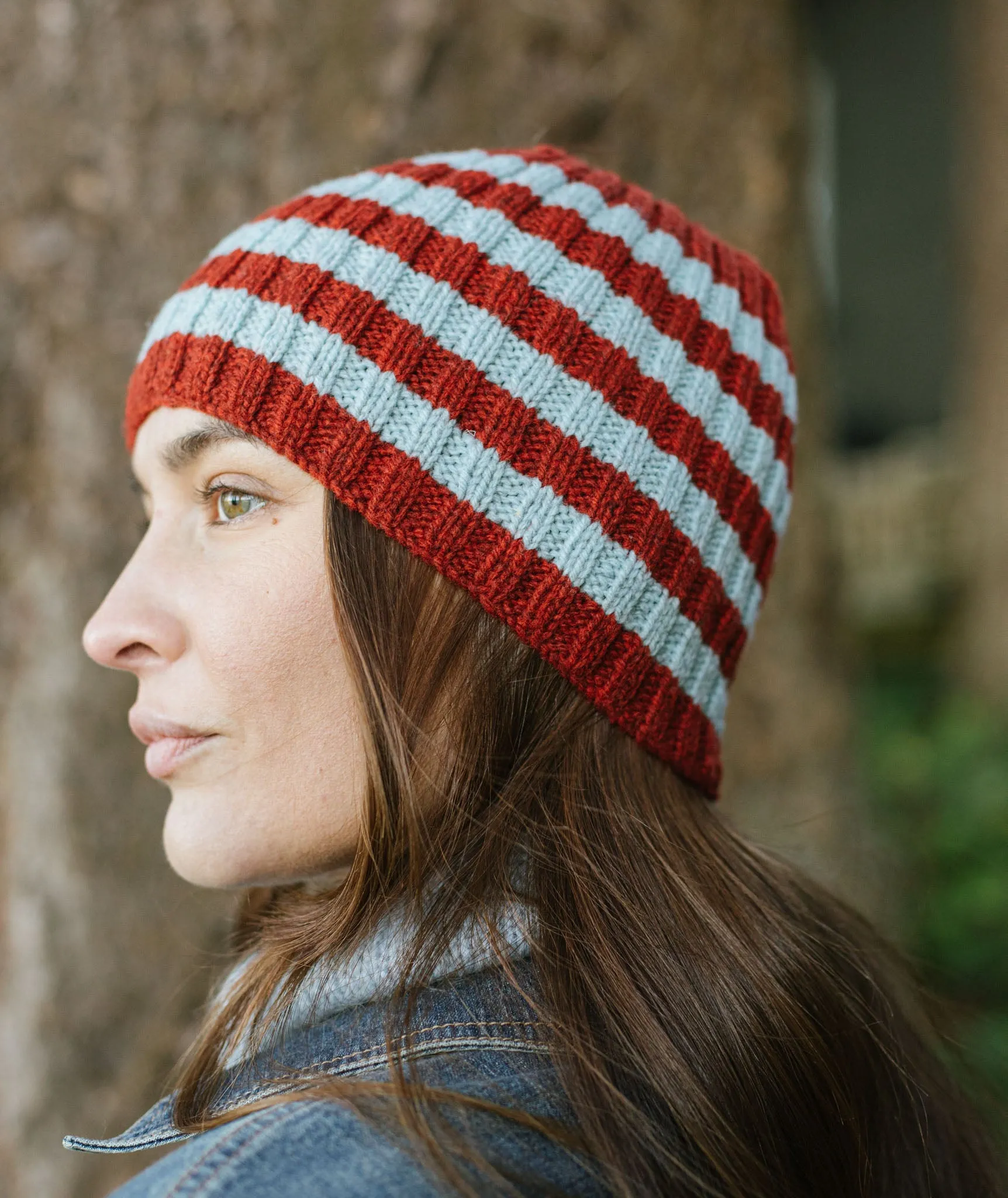 Striped Ribbed Beanie Using Brooklyn Tweed Tones