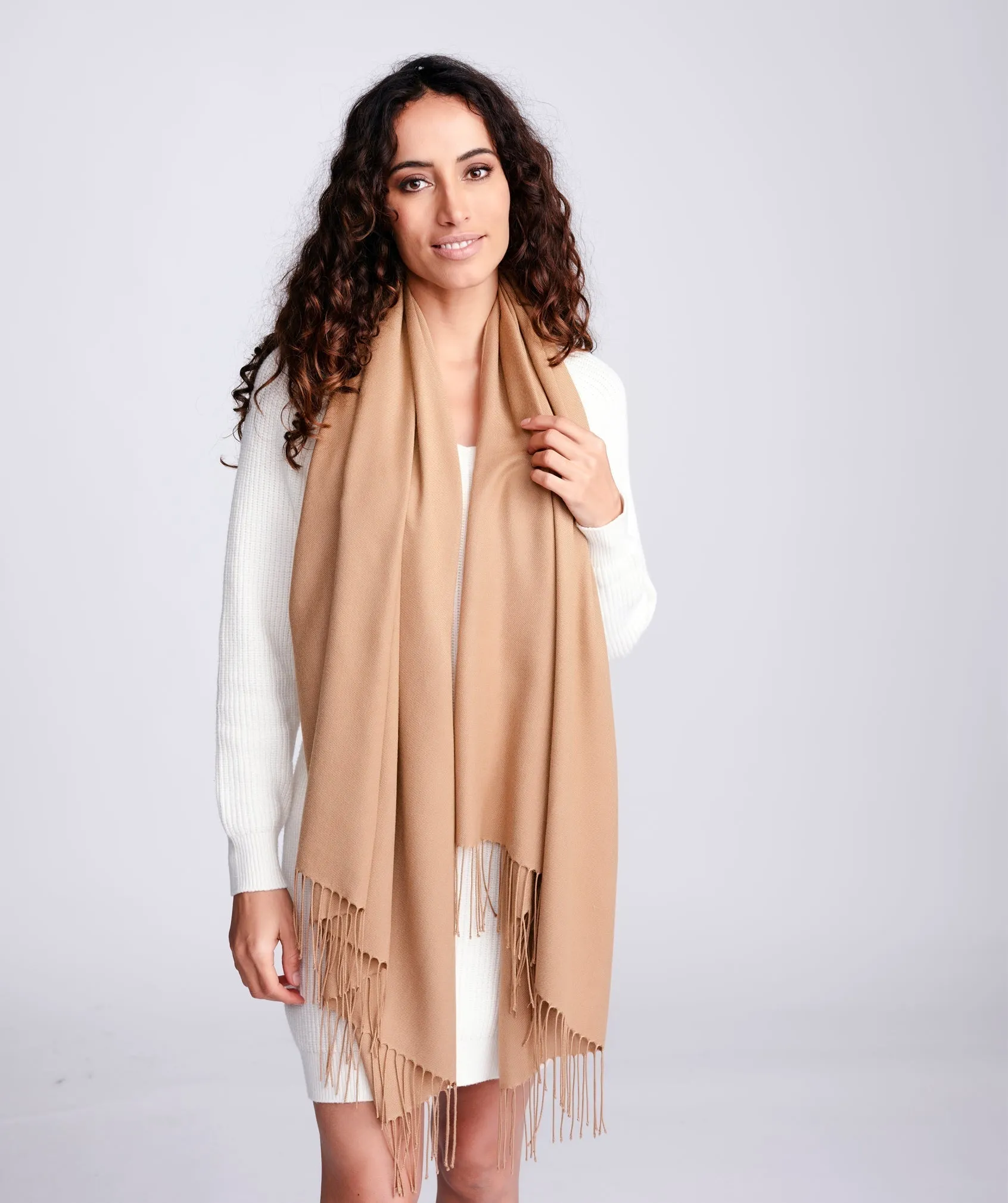 Taupe Pashmina Style Scarf with Fringe Detail