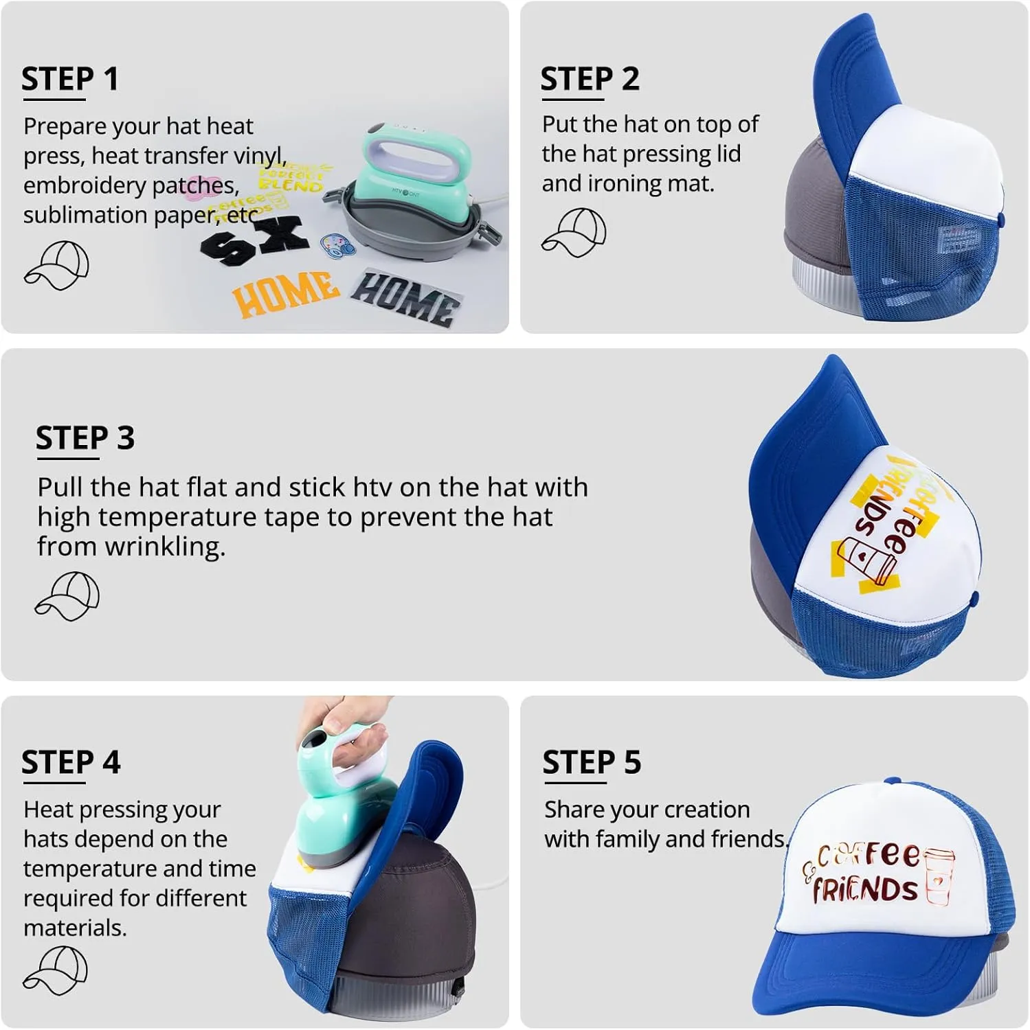 [Trucker Caps Bundle]Hat Heat Press Machine Hats Trucker Hat 5PCS