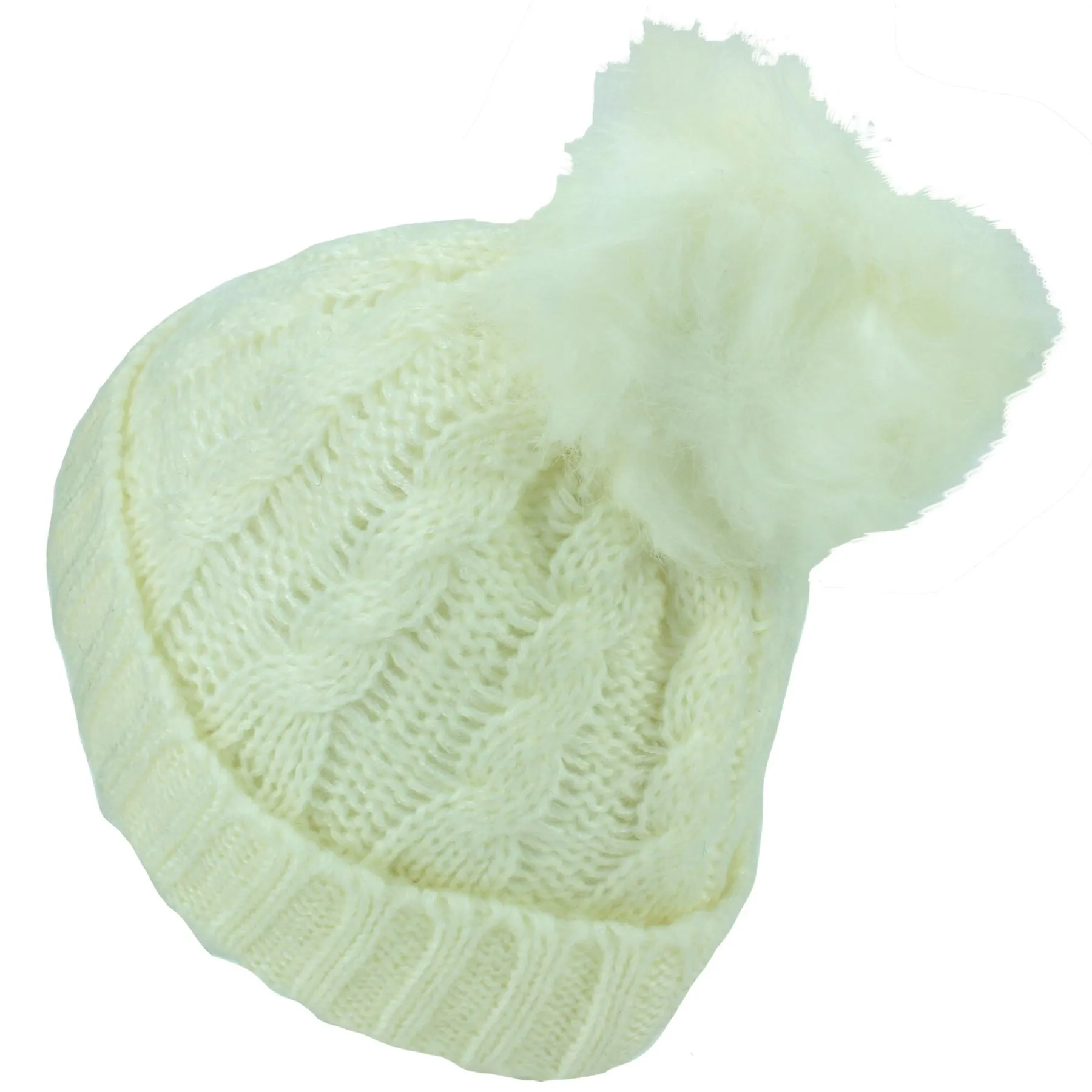 Twisted Rib Knitted Hat with Matching Colour Bobble - White