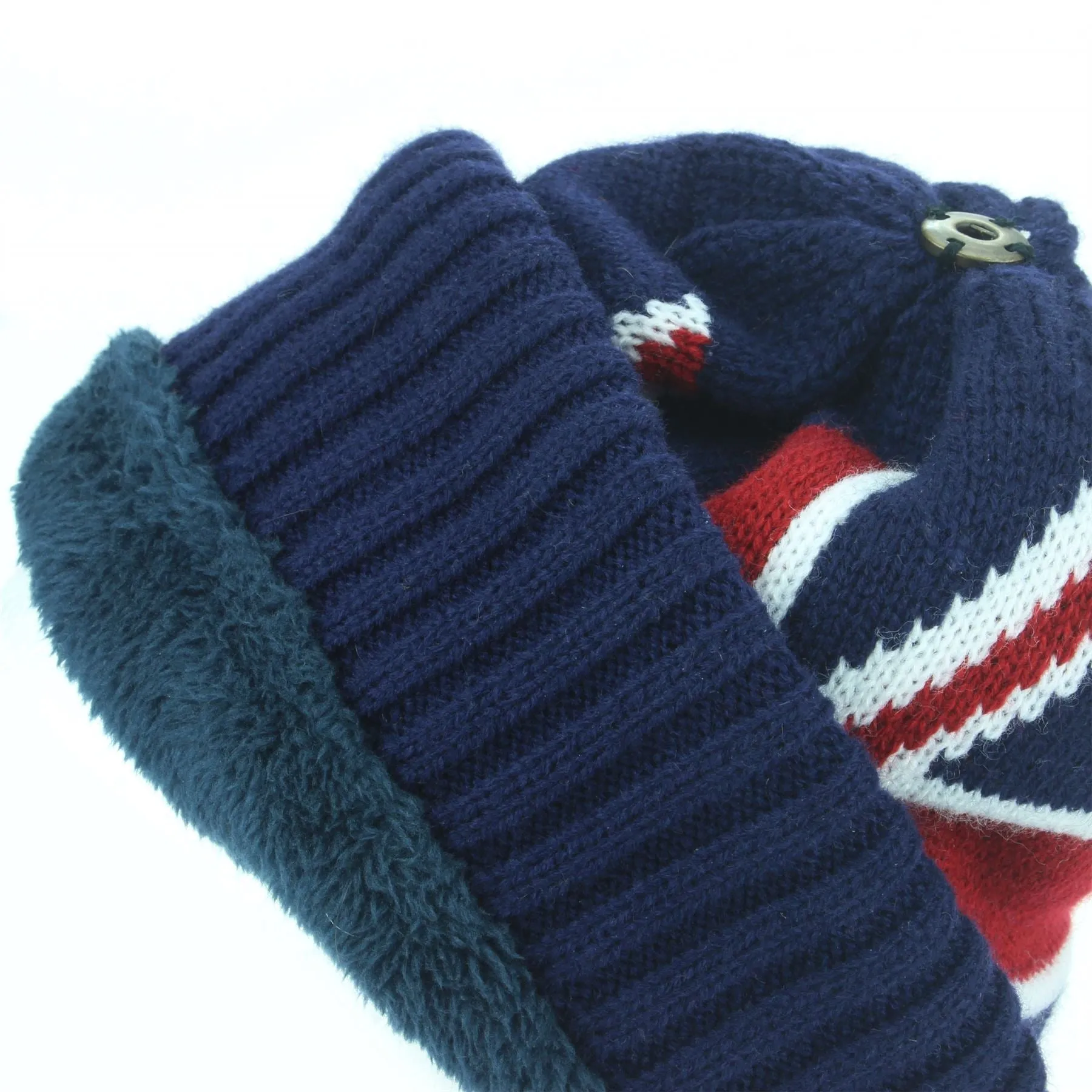 Union Jack Bobble Beanie Hat with Faux Fur Bobble - Grey