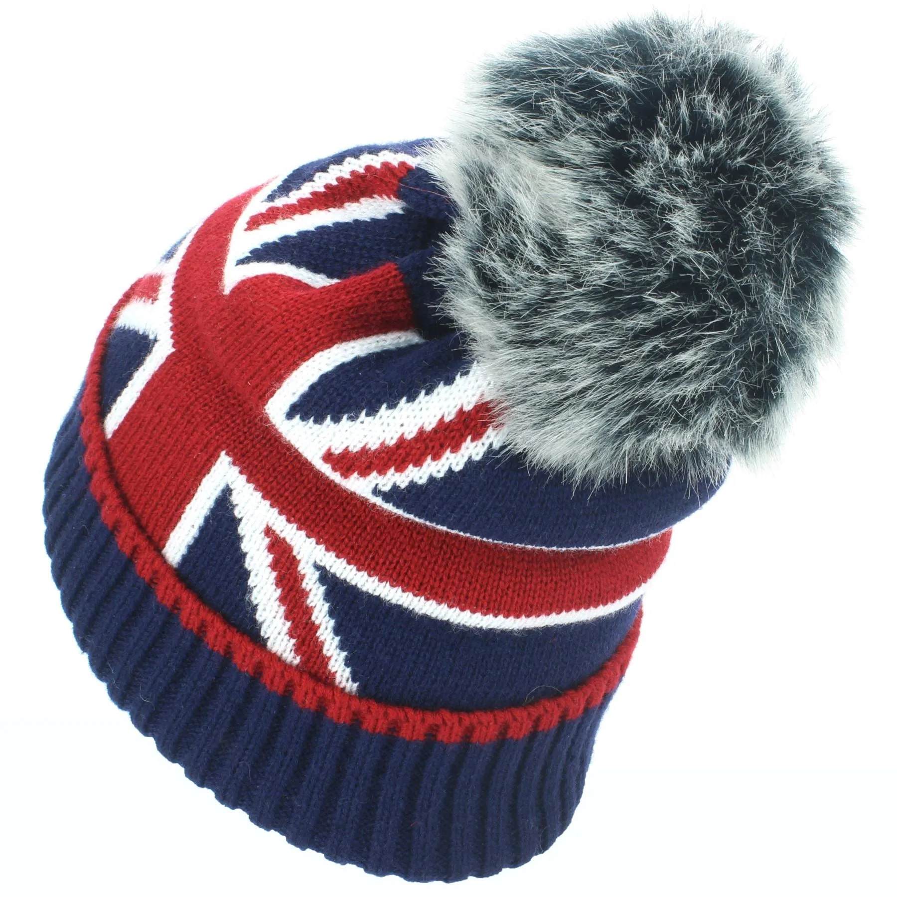 Union Jack Bobble Beanie Hat with Faux Fur Bobble - Grey