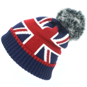 Union Jack Bobble Beanie Hat with Faux Fur Bobble - Grey