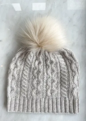 White   Warren - Cashmere Cable Pom Hat in Misty Grey/Natural