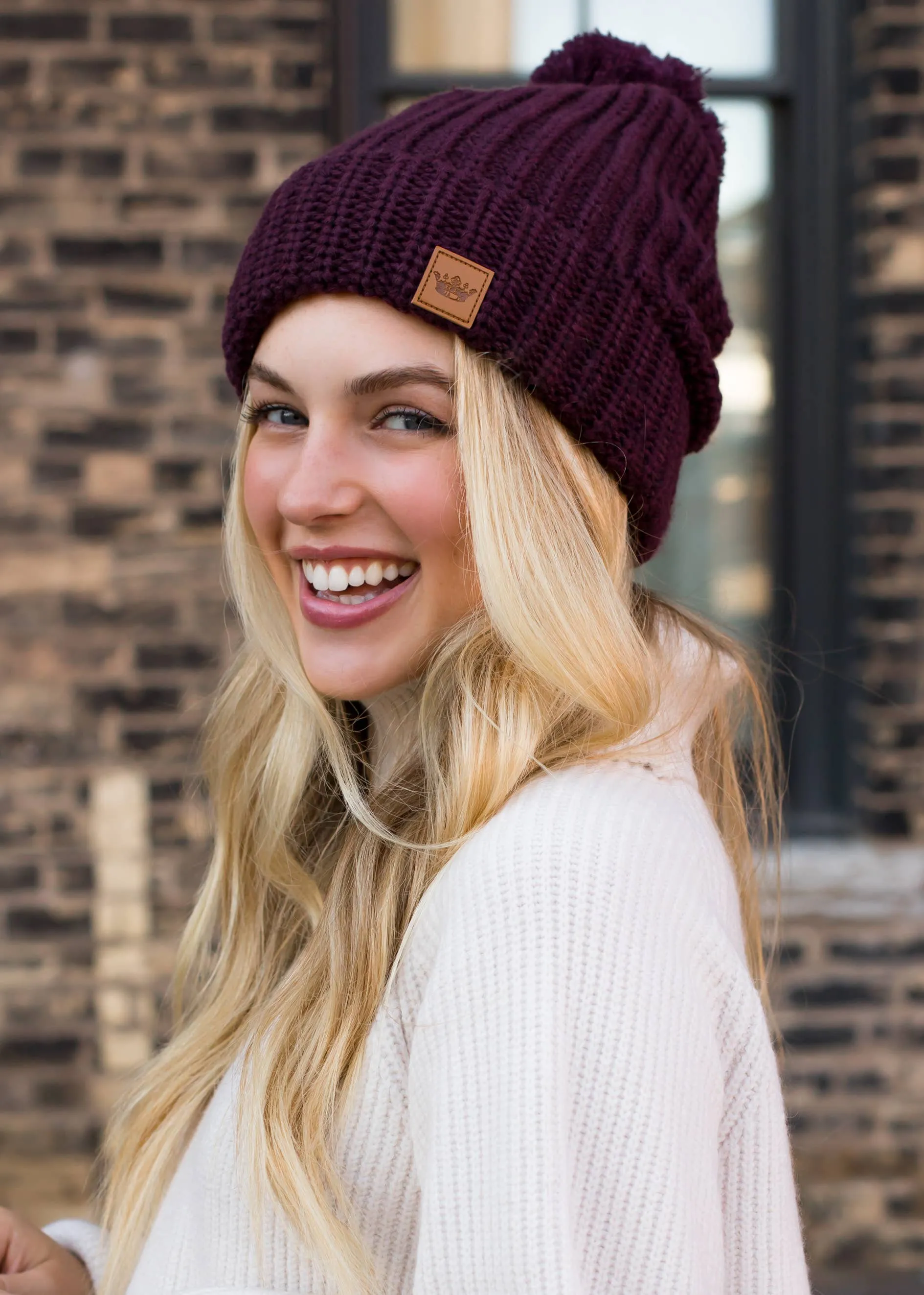 Wine Slouchy Knit Pom Hat