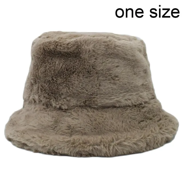 Winter Cow Leopard Faux Fur Fluffy Bucket Hats Women Outdoor Warm Hat